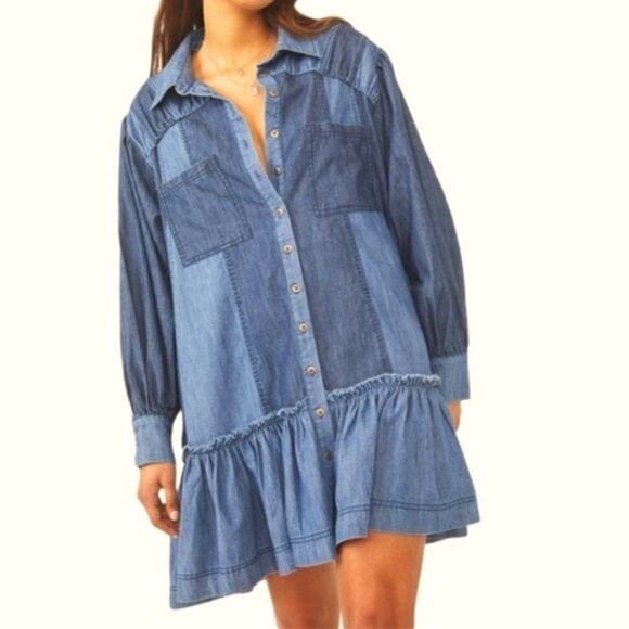 FREE PEOPLE Sun Burst Denim Mini Dress Size XSMALL - Picture 1 of 16